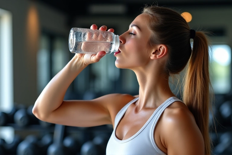 Atleta bebiendo agua después de un entrenamiento, con pesas y equipo deportivo en el fondo.