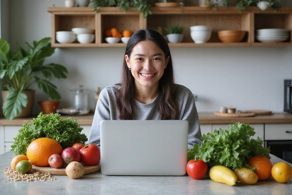 Mujer en videollamada con un nutricionista, con comida saludable de fondo.