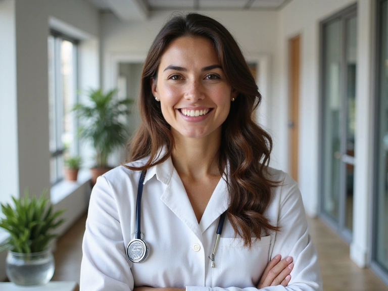 Professional portrait of a friendly, knowledgeable nutritionist in a clean, modern setting, no text.